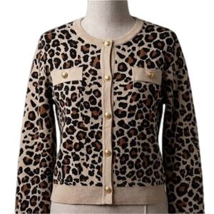 Leopard Print Crewneck Cardigan Jacket - Beige/Brown